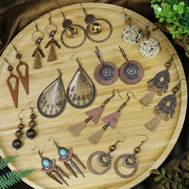 10pairs-lot-earrings-geometric-hollow-out-flower-design-beaded-vintage-wood-ear-clip