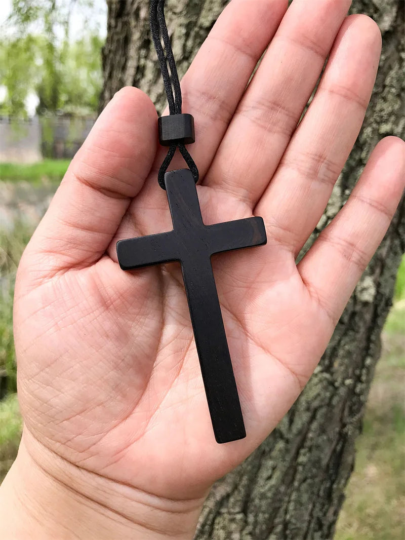 77mm solid sandalwood cross pendant necklace for men jewelry top quality wood lady blessing choker accessories - black