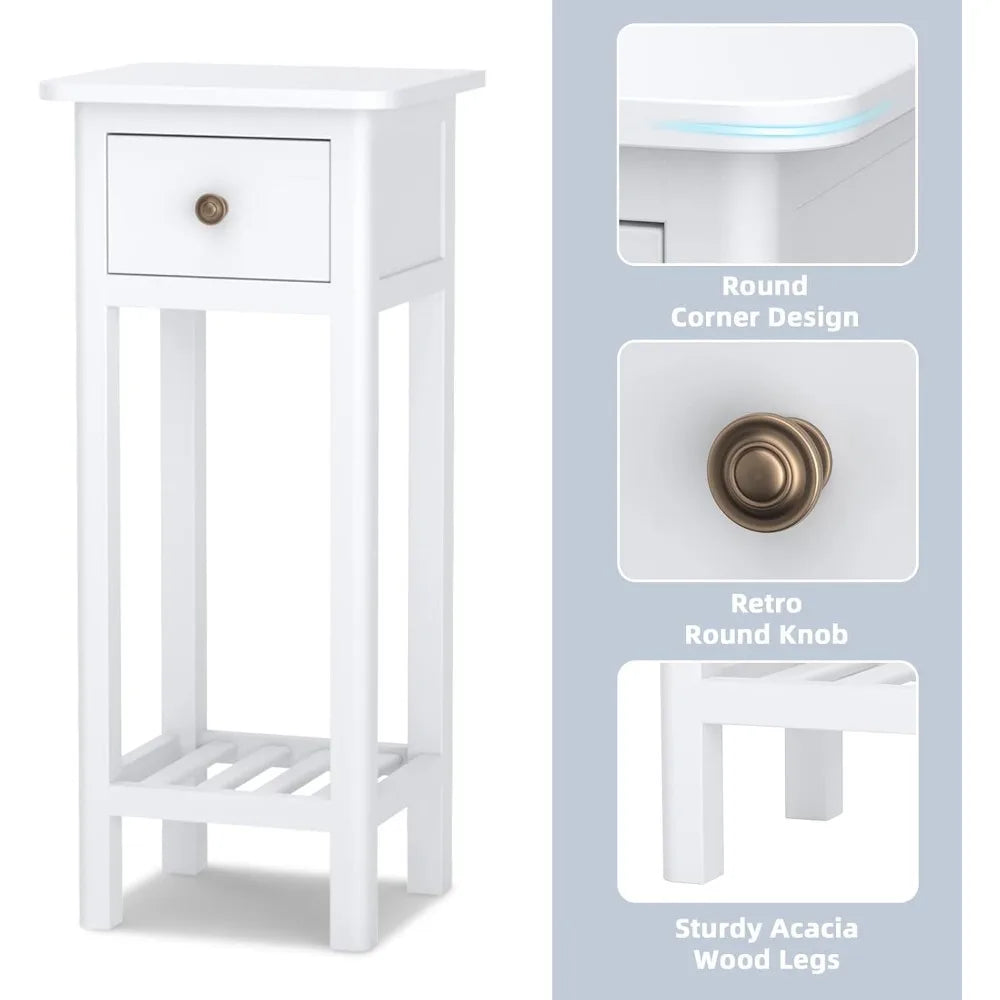 ’slim drawer and shelf side table acacia wood nightstand living room end two-level bedside stand for compact spaces’