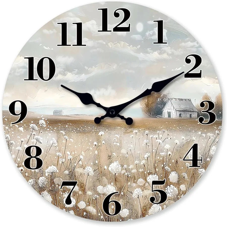 Farmhoe wall clock battery operated 10 inch silent nonticking wooden clocks country flower field for kitchen living