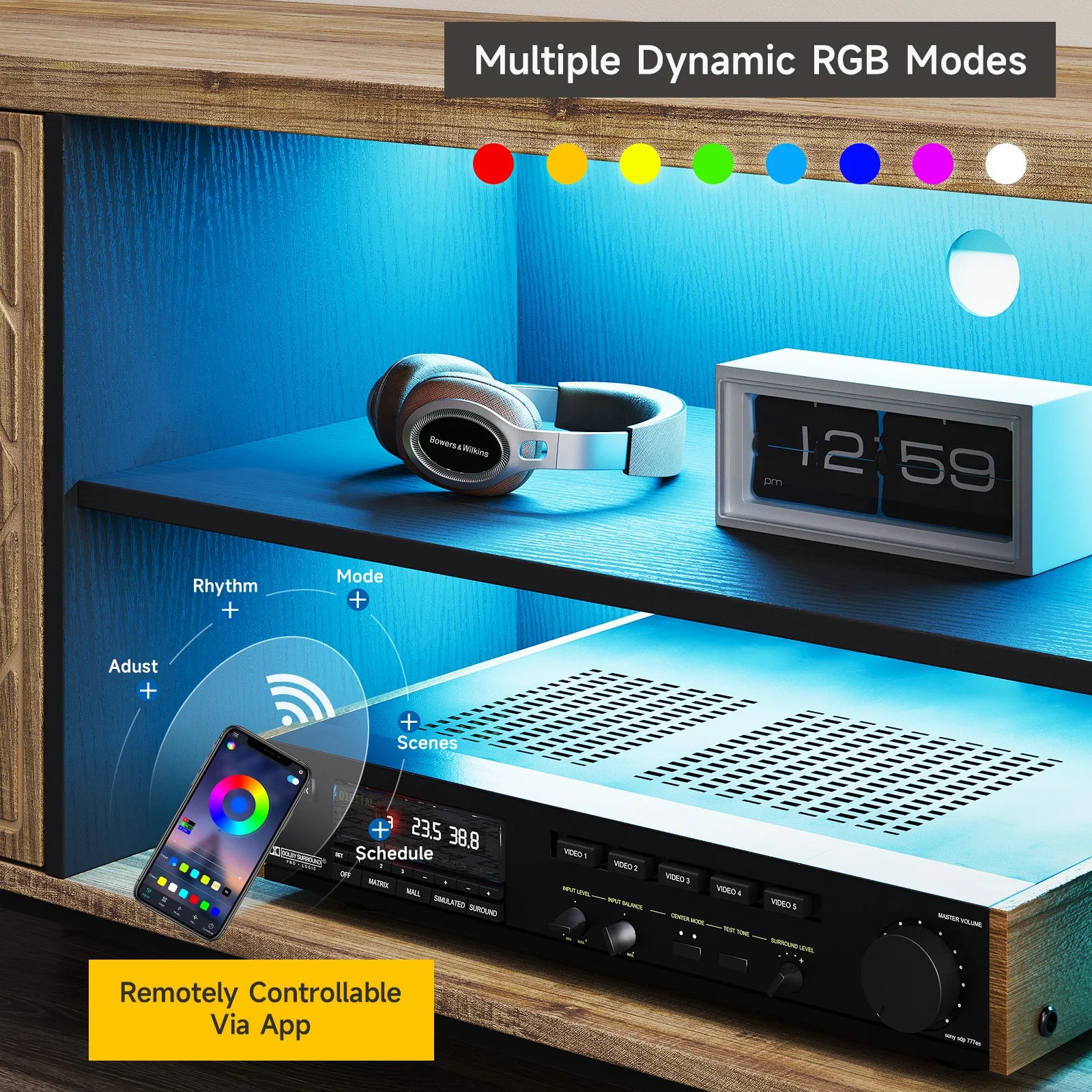 65 inch tv stand living room console mid century modern entertainment media center with storage and led lights - united