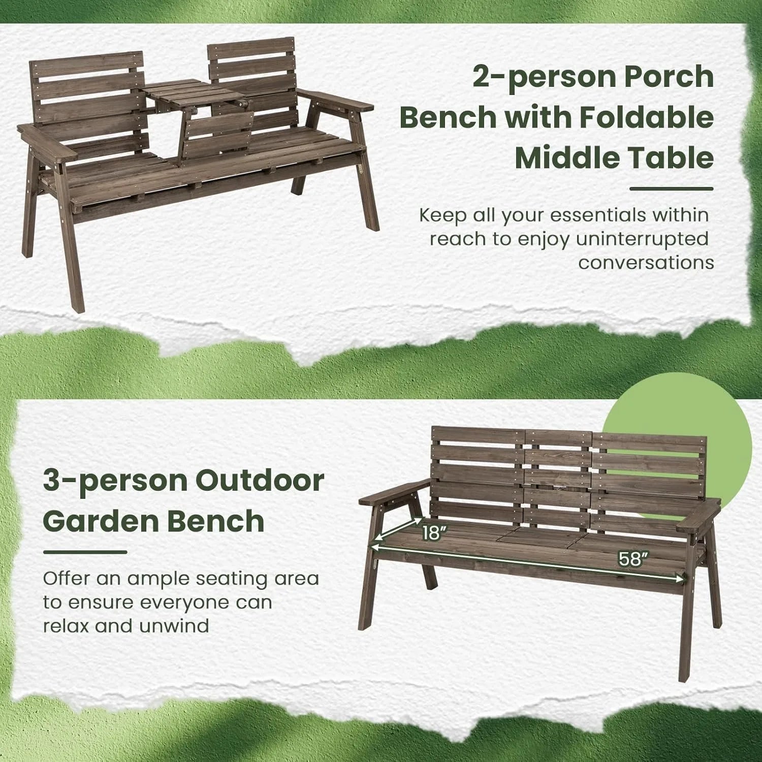 Outdoor fir wood bench with foldable middle table 2-3 person garden backrest and armrests 710 lbs weight - united