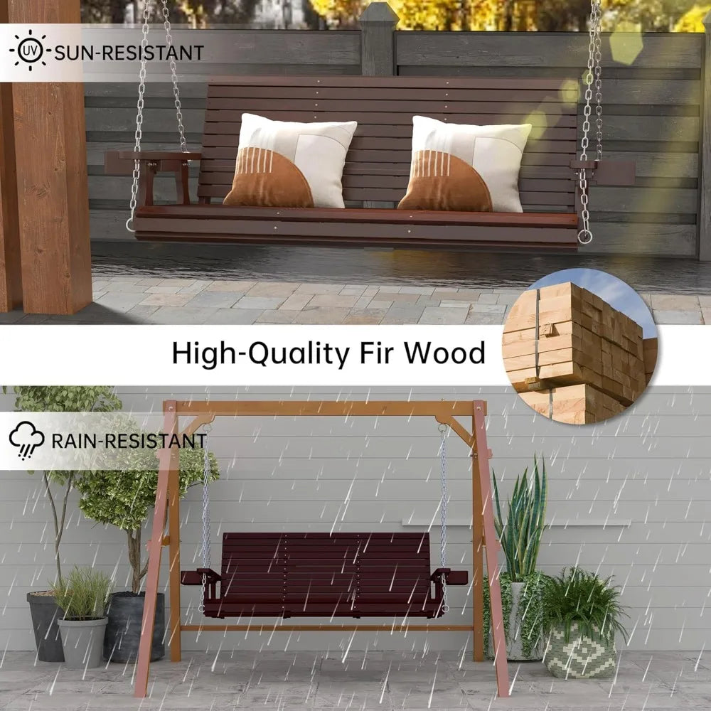 Wooden outdoor porch swing 3 seater front with upgraded 22’’ deep seat heavy duty 880 lbs bench chair