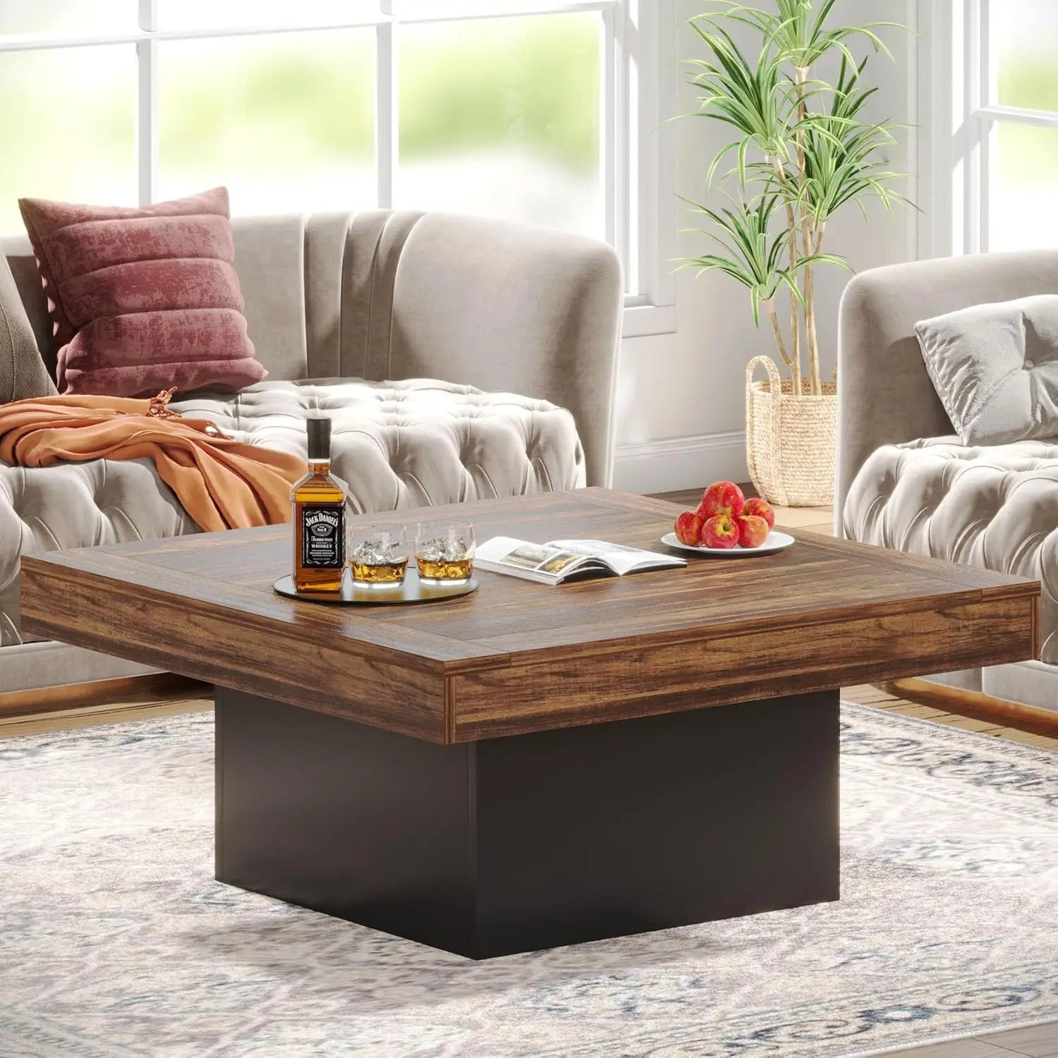 Farmhouse coffee table square led engineered wood low for living room - united states / brown
