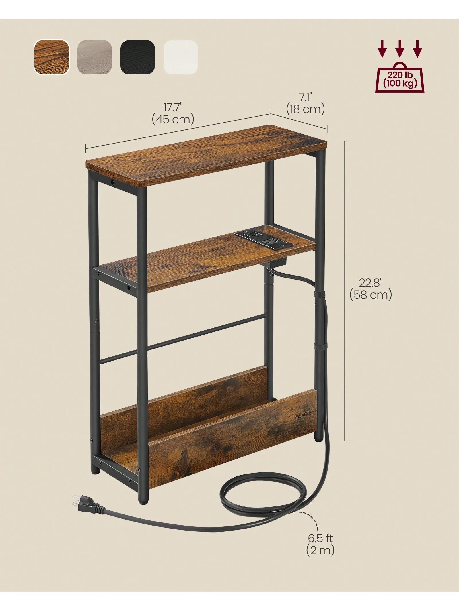 Vasagle side table with charging station narrow end 3-tier nightstand sofa for small spaces magazine rack fo - olive