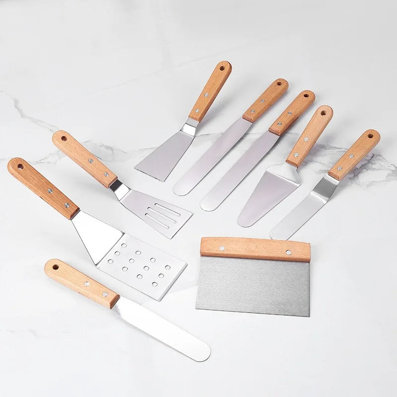 Stainless steel wooden handle cooking spatula steak pancake frying shovel teppanyaki scraper barbecue tool kitchen