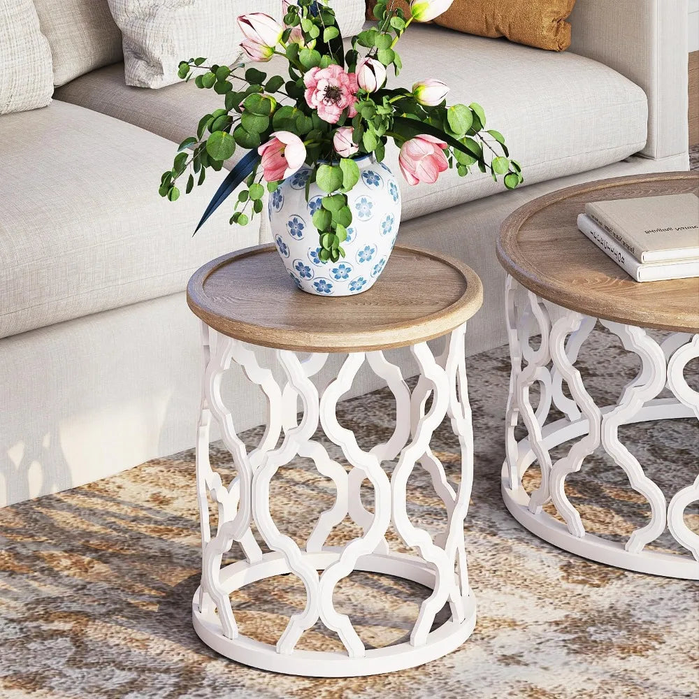 Farmhouse end table 18.5’’ french country round side distressed tray top wood with curved motif frame base fo - united