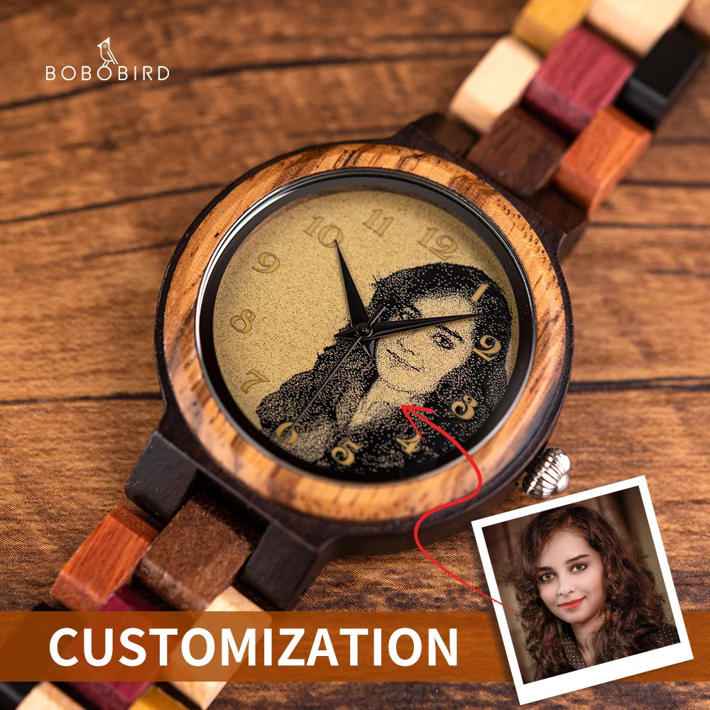 Bobo bird custom wooden watch personalized photo couple fashion casual gift for him anniversary present support