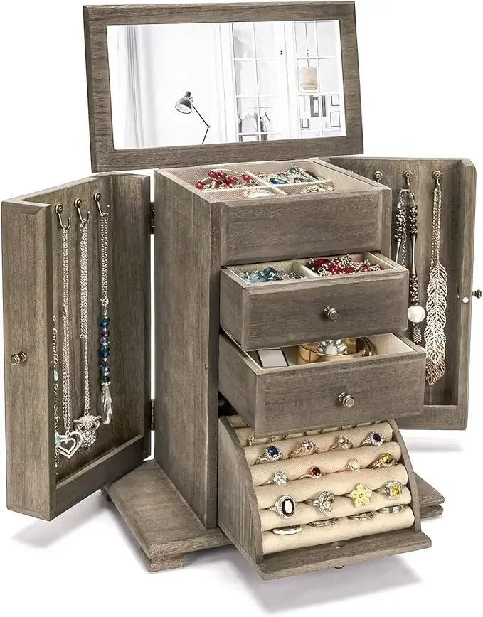 Jewelry box for women rustic wooden boxes & organizers with mirror 4 layer organizer display - weathered gray / united