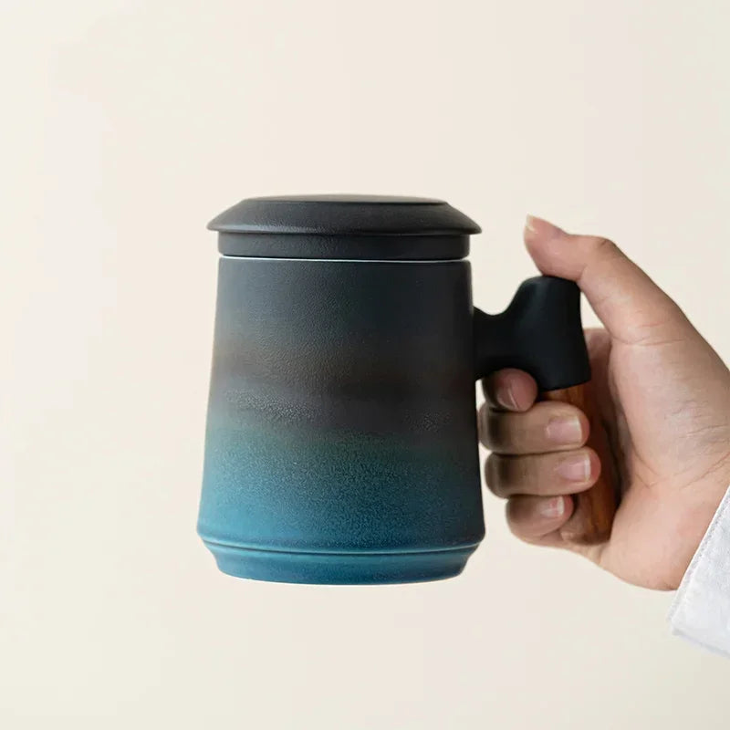 Ceramic mug bubble tea cup luxury original mugs coffee cups with lid vintage water thermal beautiful wood handle