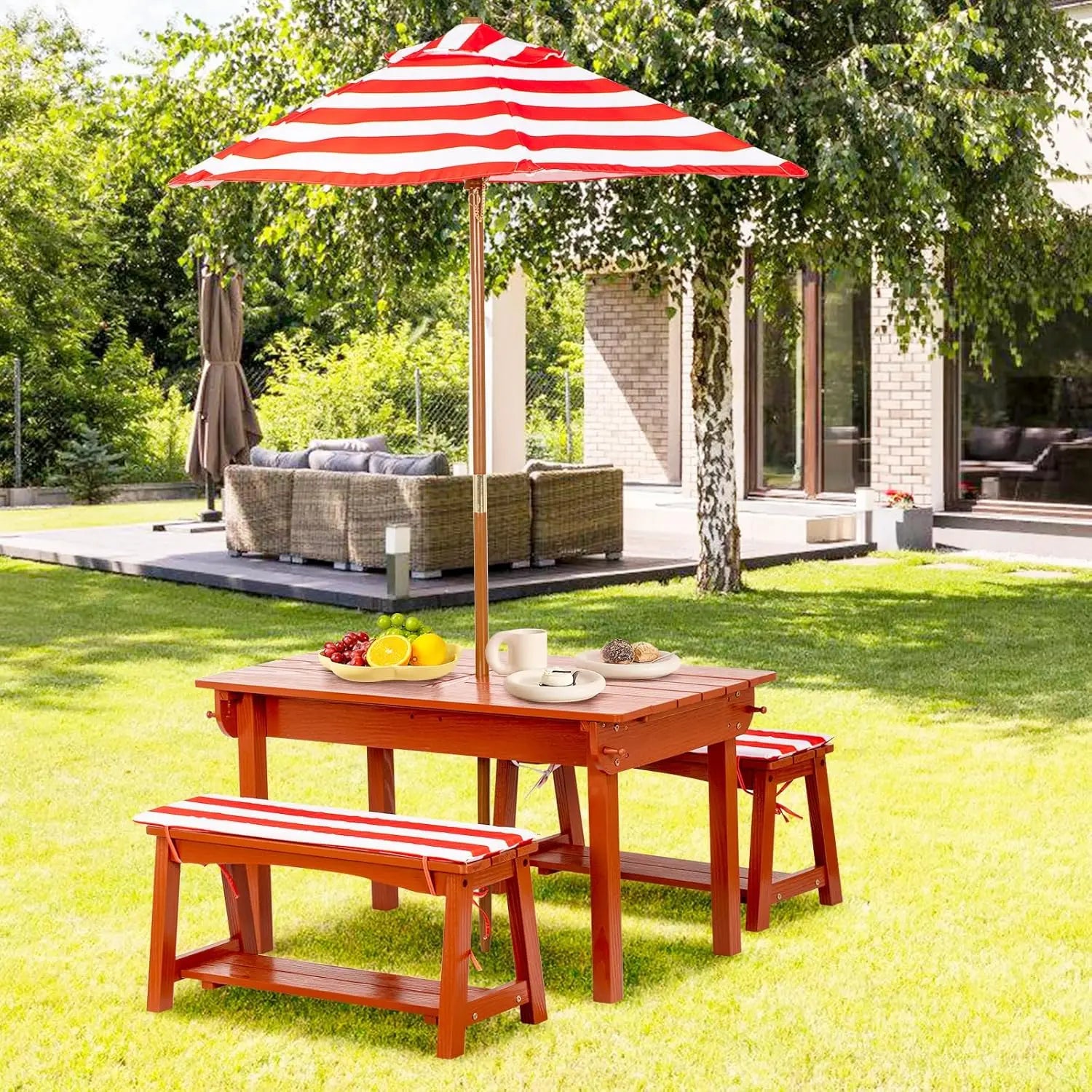 Kids picnic table with umbrella outdoor wooden & bench set w/cushions 2 removable boxes 4-in-1 children sand - united
