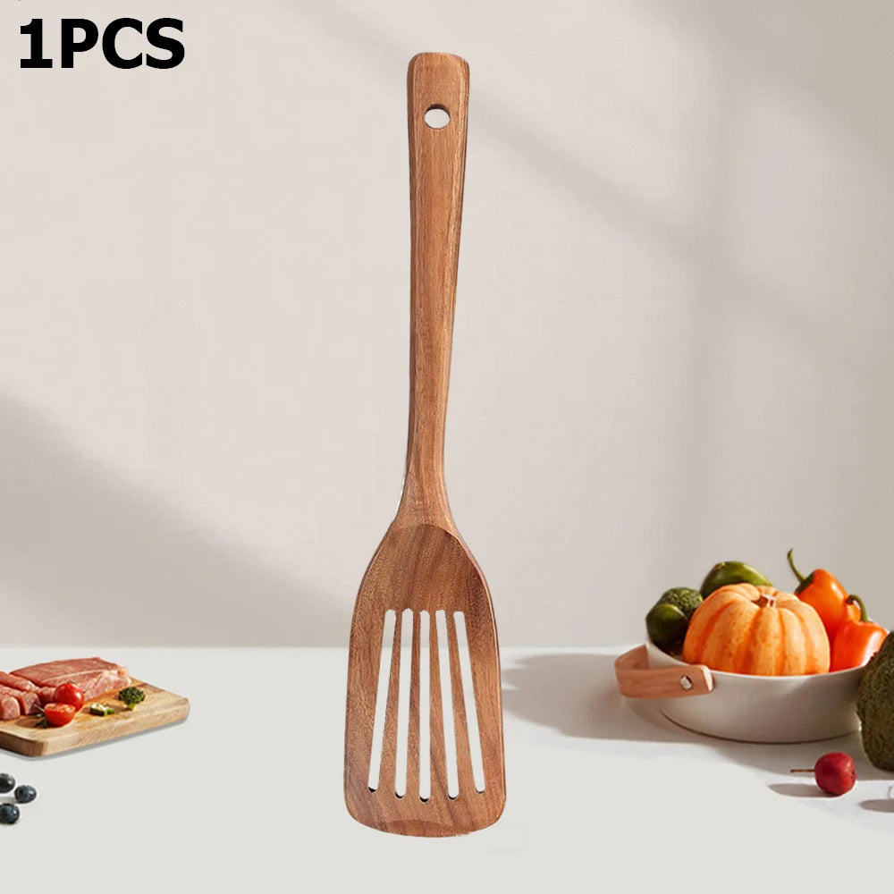 2pcs wooden spatula for cooking slotted turner long handle kitchen utensils set wood frying baking tools - 1pcs b