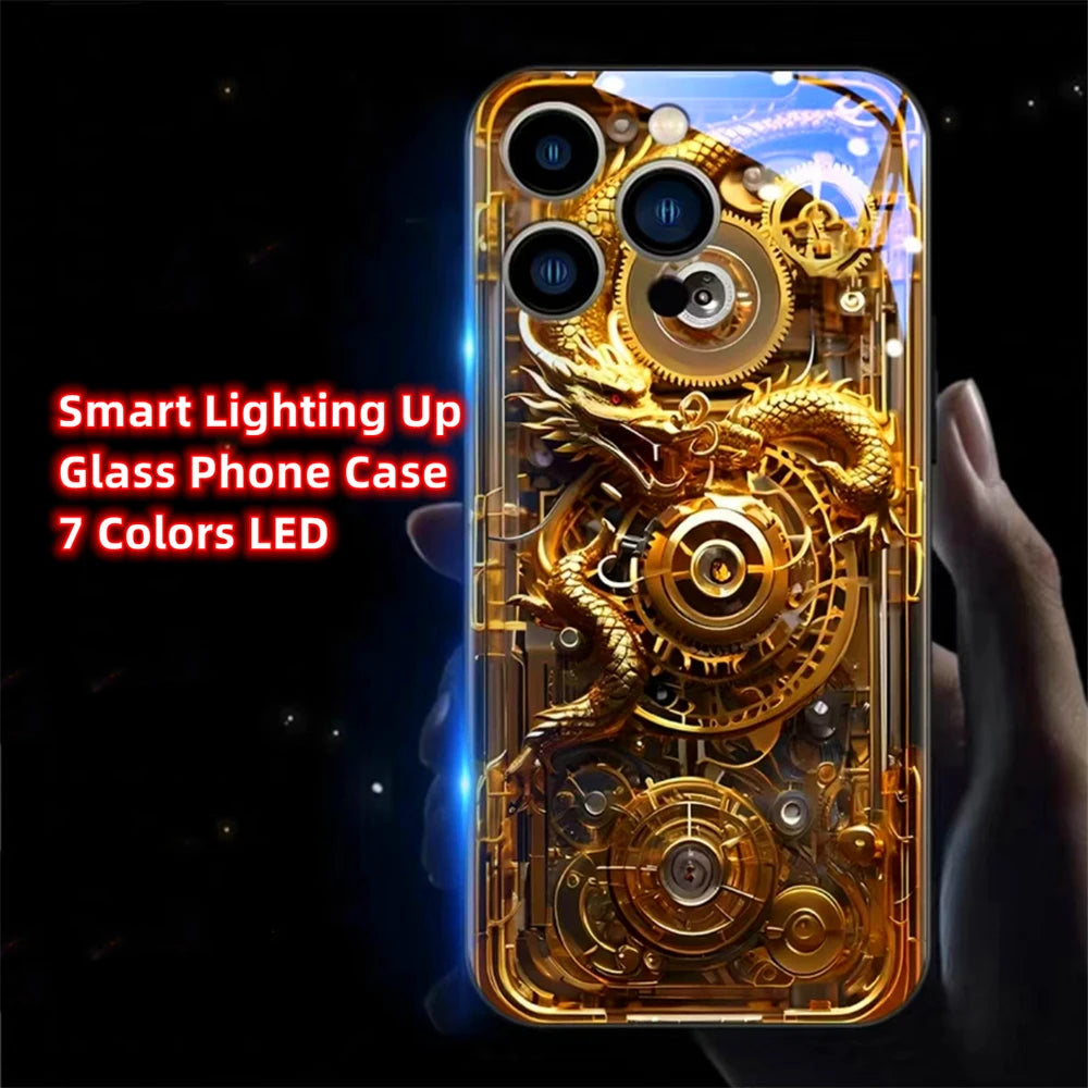 Luxury wood grain dragon luminous glass led call light up flash phone case for iphone air 17 16 e 15 14 13 12 11 pro