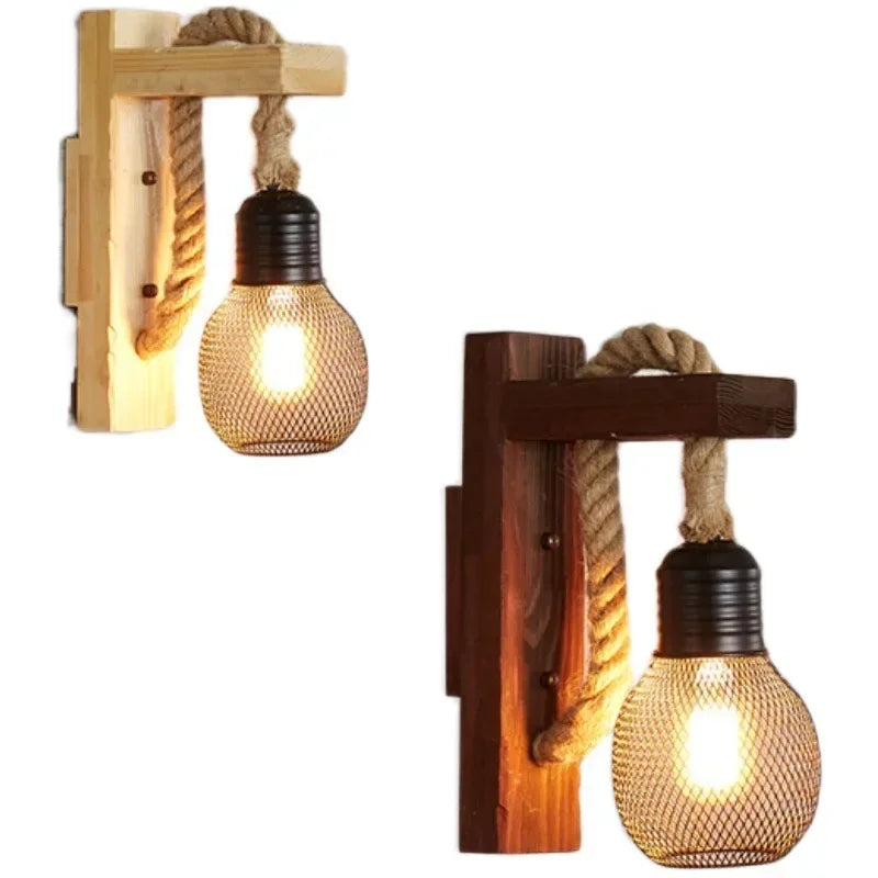 Retro personality wall lamp decoration antique wood art bed home garden restaurant twine