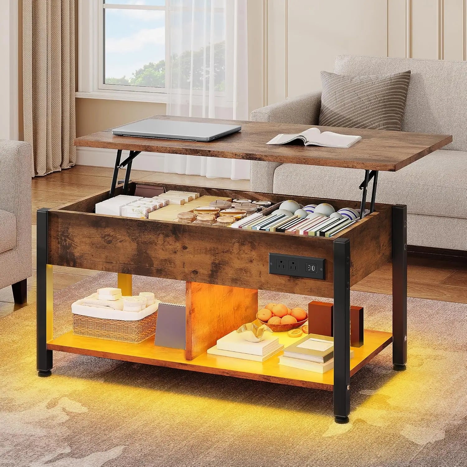 Lift top coffee table with rgb light 3-in-1 power outlets hidden & open storage adjustable height wooden - brown