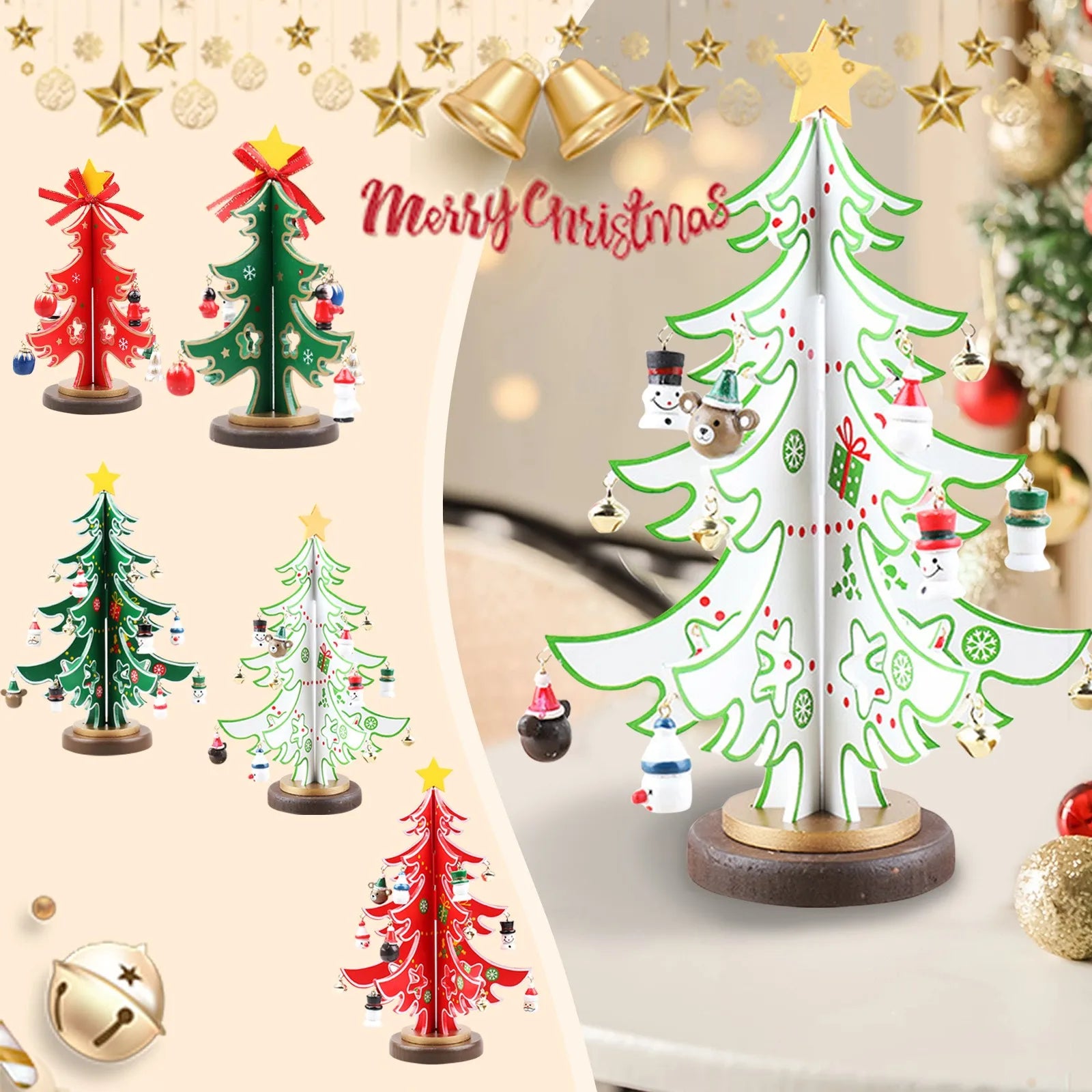 Christmas wooden 3d tree ornament festive holiday decor tabletop decoration accessory indoor party favor