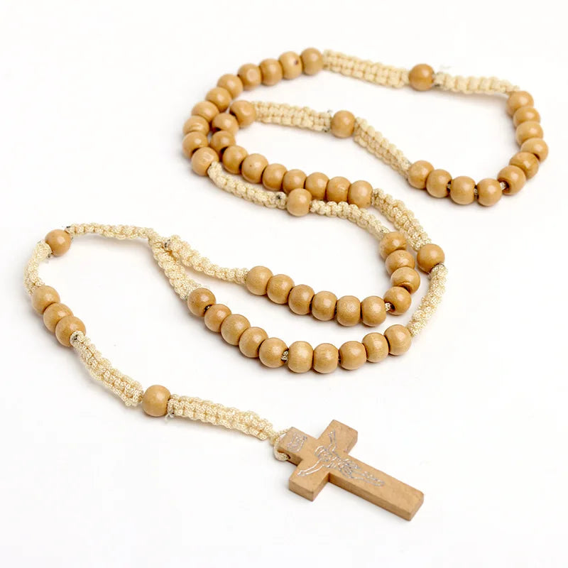 Yupsk catholic wood beads rosary necklace for women cross pendant hand braided rope chain men religious prayer jewelry