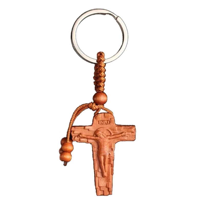 Wood cross pendants keychains keyring hanging ornaments olive keychain gift for men women - religious (christian)