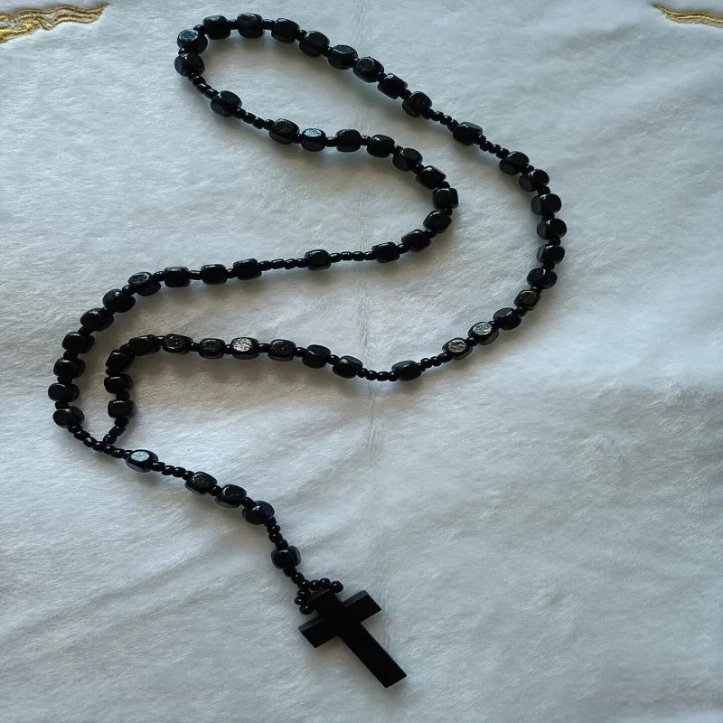 Christ jesus wooden beads necklaces unisex handmade rosary bead cross pendant necklace religious orthodox praying