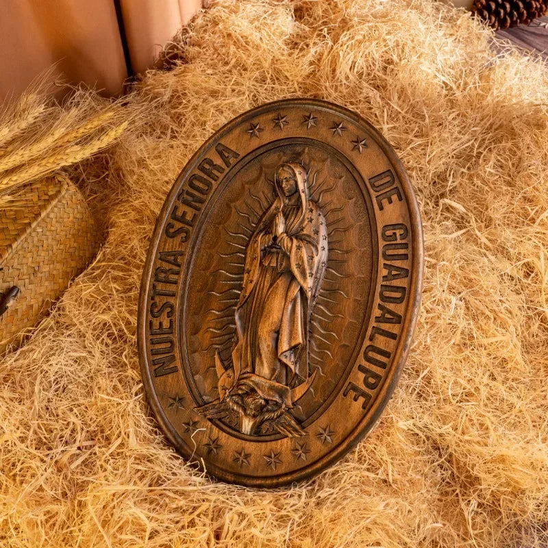 Vintage religious virgin mary of guadalupe statue oval wood carving ornament catholic decor - retro / 35x25x2.5cm