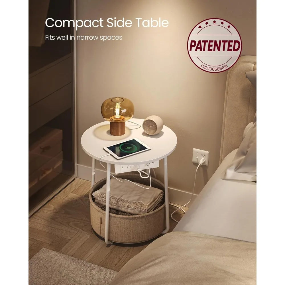 Vasagle side table with charging station round end fabric basket nightstand power outlets usb ports for livi - matte