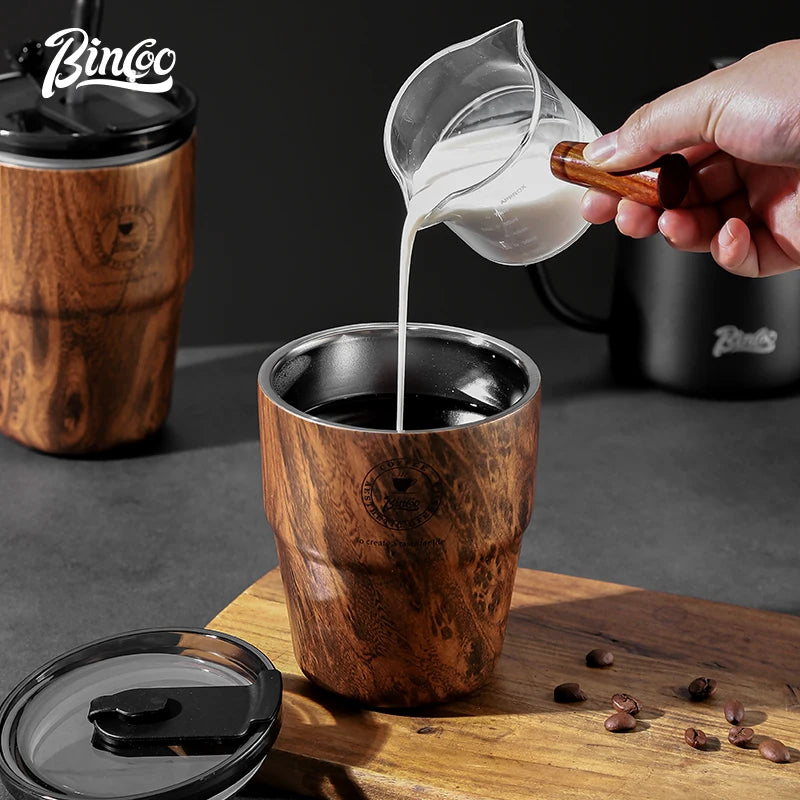 Bincoo wood grain coffee mug american style portable thermal cup retro stainless steel water for home and office