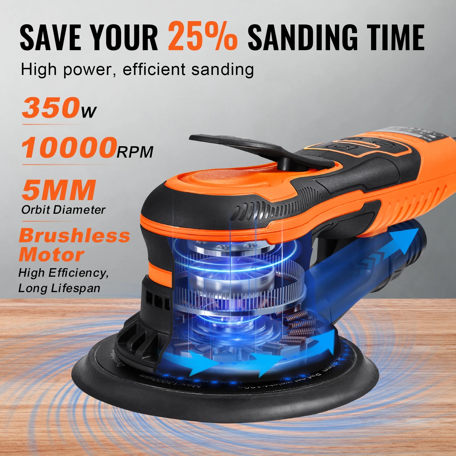 Succebuy random orbital sander 350w brushless 10000prm 6 variable speed sanding machine for woodworking detailing