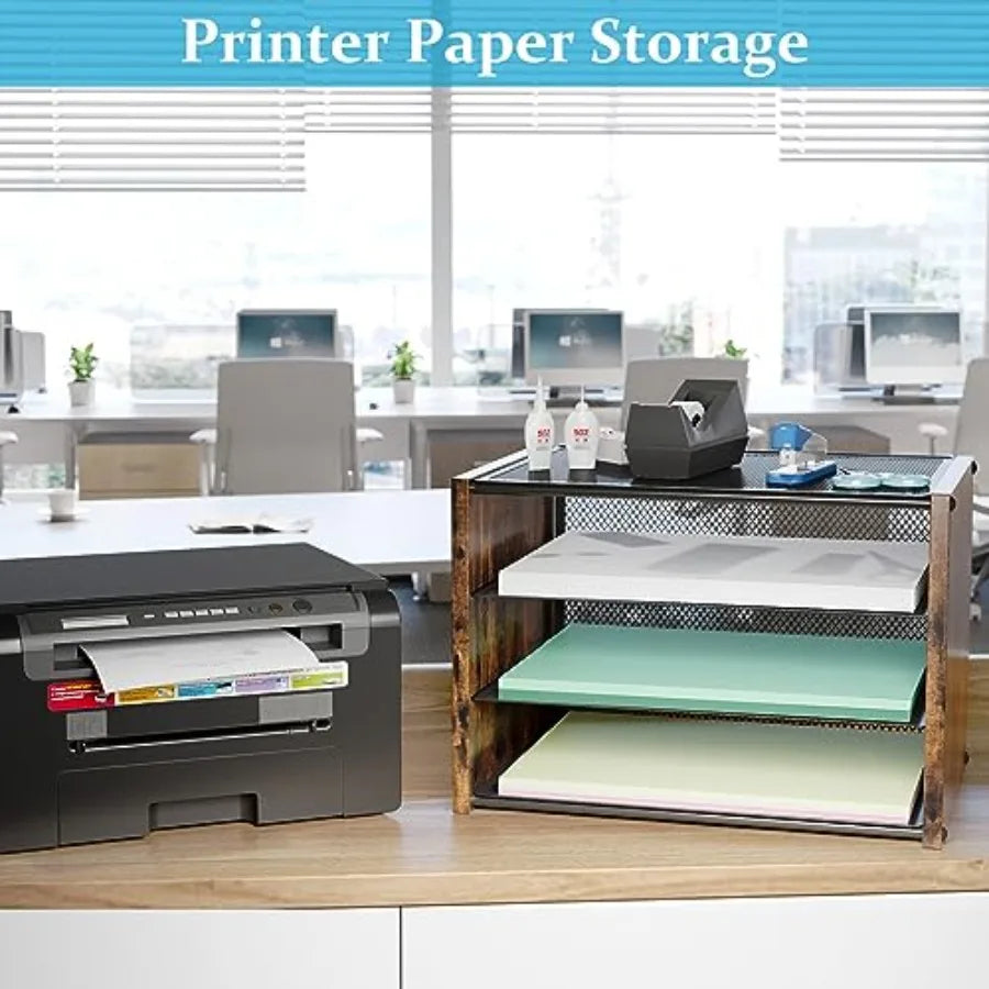 3-tier stackable wooden and metal mesh desk organizer for office supplies rustic brown paper letter tray