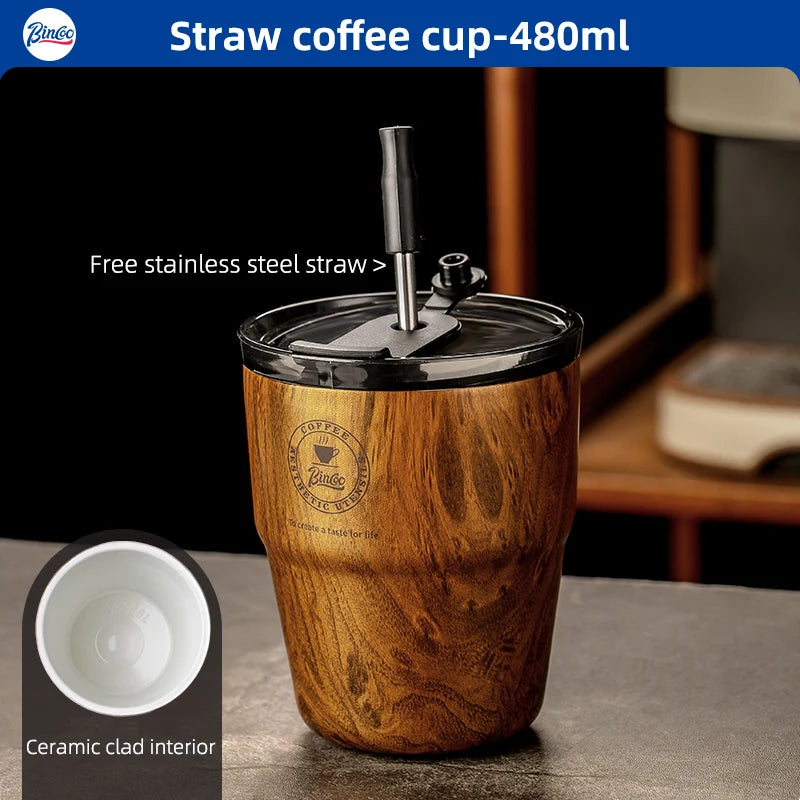 Bincoo thermal flask insulated coffee cup 580ml water mug with straw leakproof wood stripe bottle ceramic liner - 480ml
