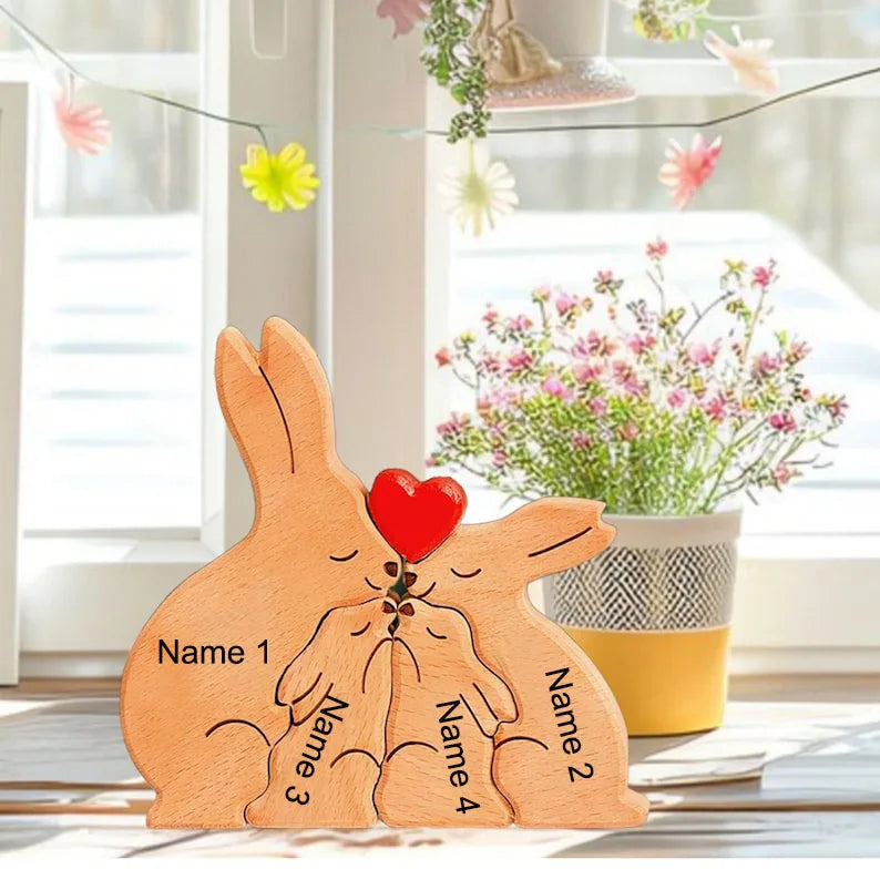 Personalized wooden bunny puzzle family name custom sculpture gift for christmas unique decor mom - 4 rabbits