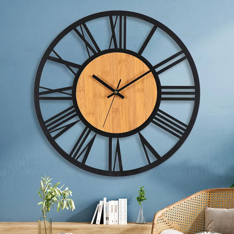 3d large wall clocks nordic roman numerals retro round wood metal iron accurate silent hanging ornament living room