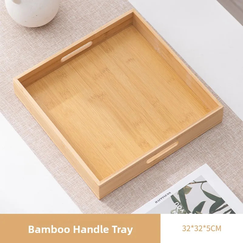 Large size rectangular bamboo wood tea tray display plate walnut color set cup storage handle home use japanese sle