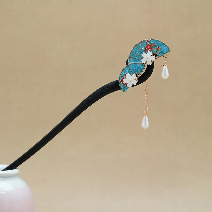 Retro flower hair forks long tassels wooden sticks pearls bead step shake chinese wedding bridal hairpins clips jewelry