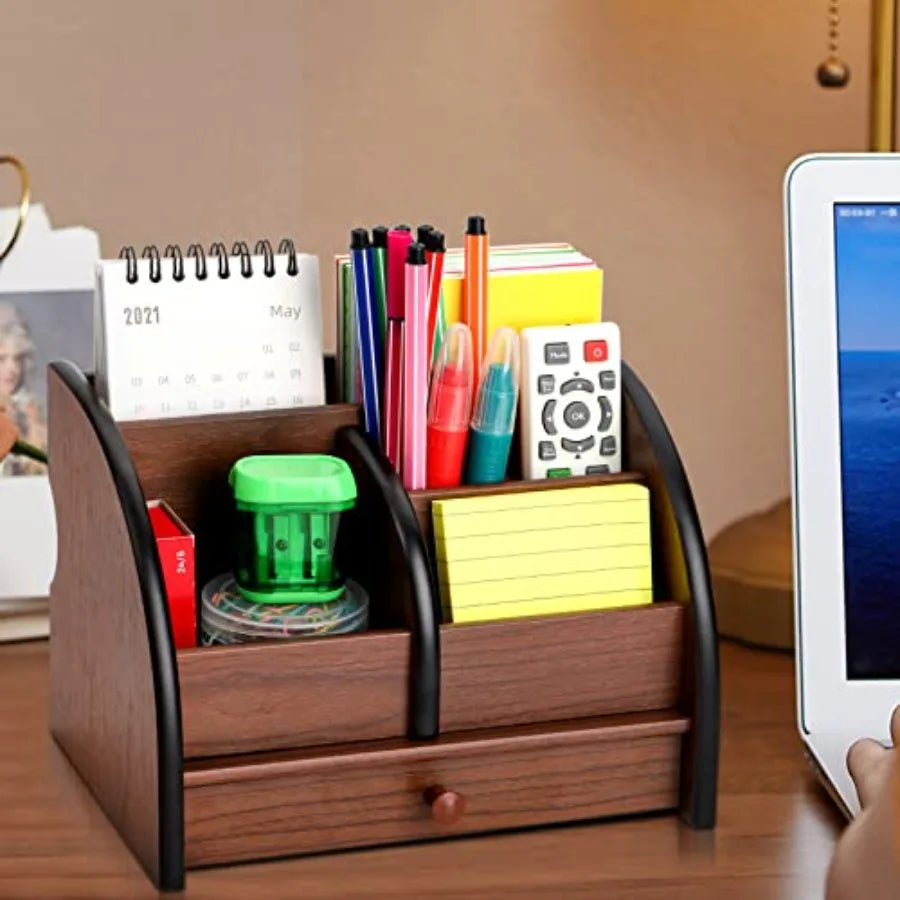 Wooden desk organizer with drawer remote control holder caddy makeup organize wood peil desktop supplies and stationery