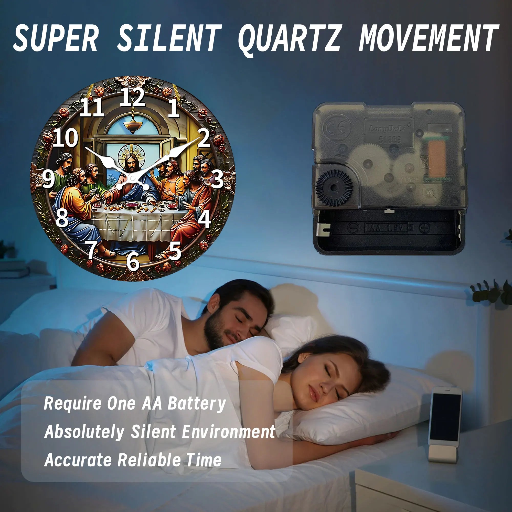 A wooden veneer wall clock ’last supper’ themed design flat non-ticking silent living room bedroom office,