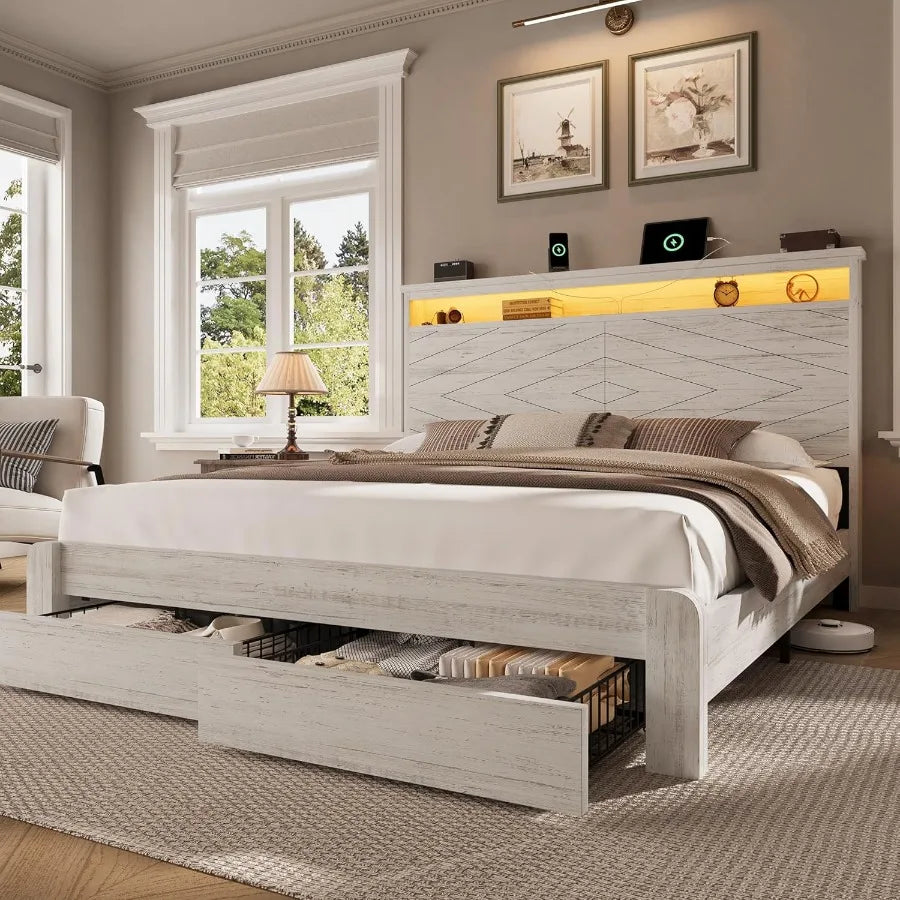 King size bed frame with 2 storage drawers and headboard wooden platform led lights charging station easy as - united