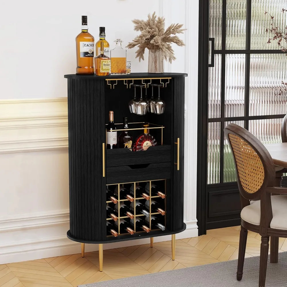 Wooden wine bar cabinet with tambour door 16-bottle rack glass stemware holder coffee station liquor storage - black