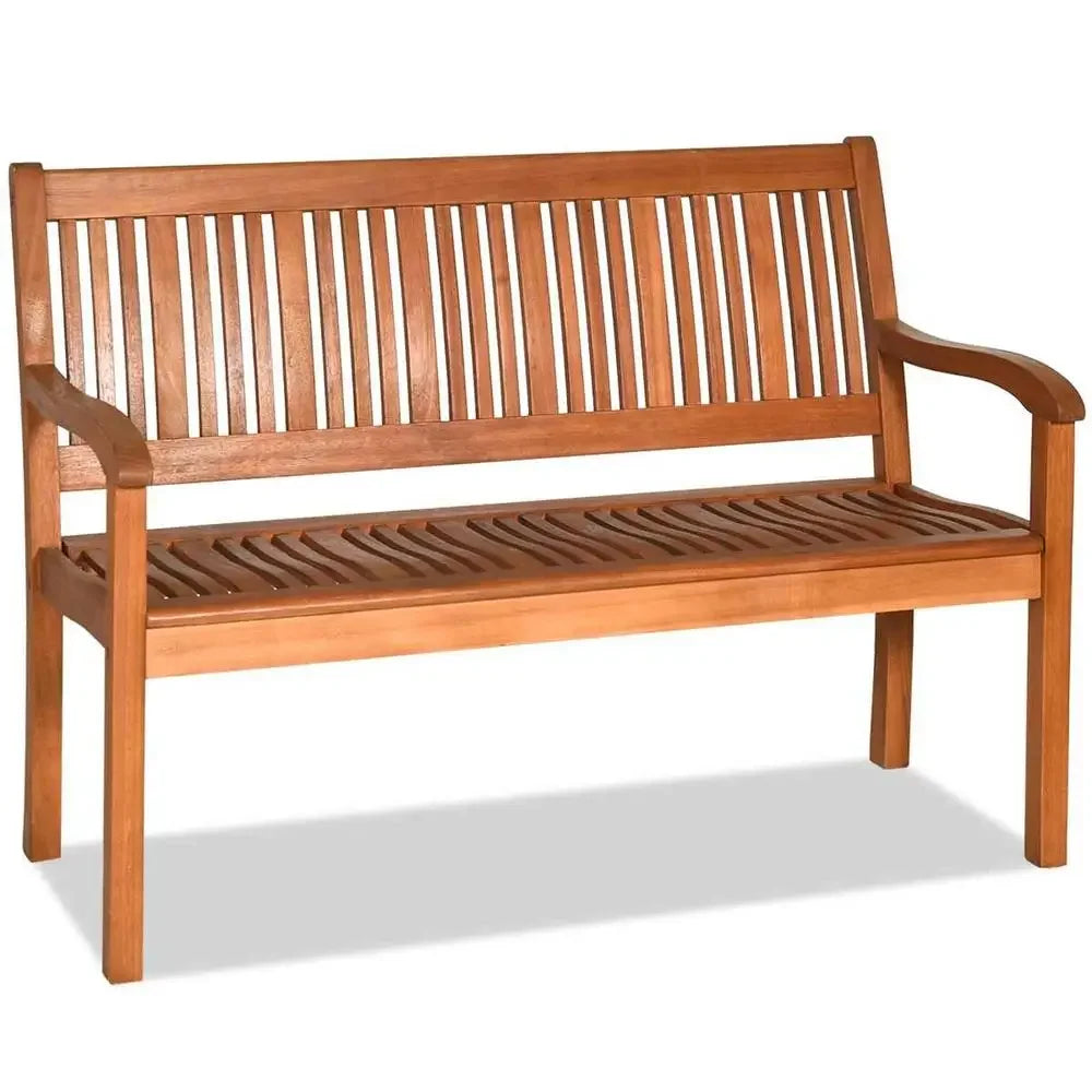 Outdoor solid wood bench two person garden seating with curved backrest wide armrest durable waterproof patio poolside