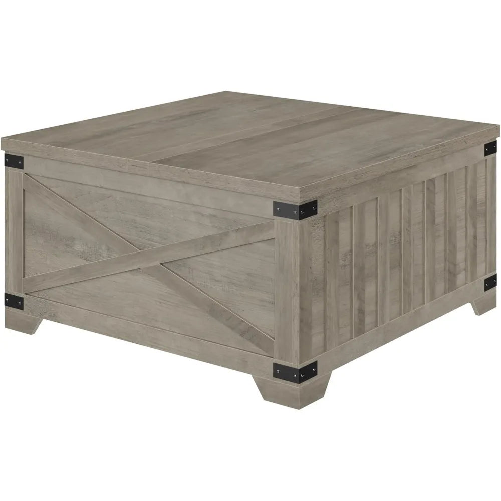 Farmhouse coffee table with storage 35.4’’ square center hinged lift top vintage wood cocktail thickened - ash gray