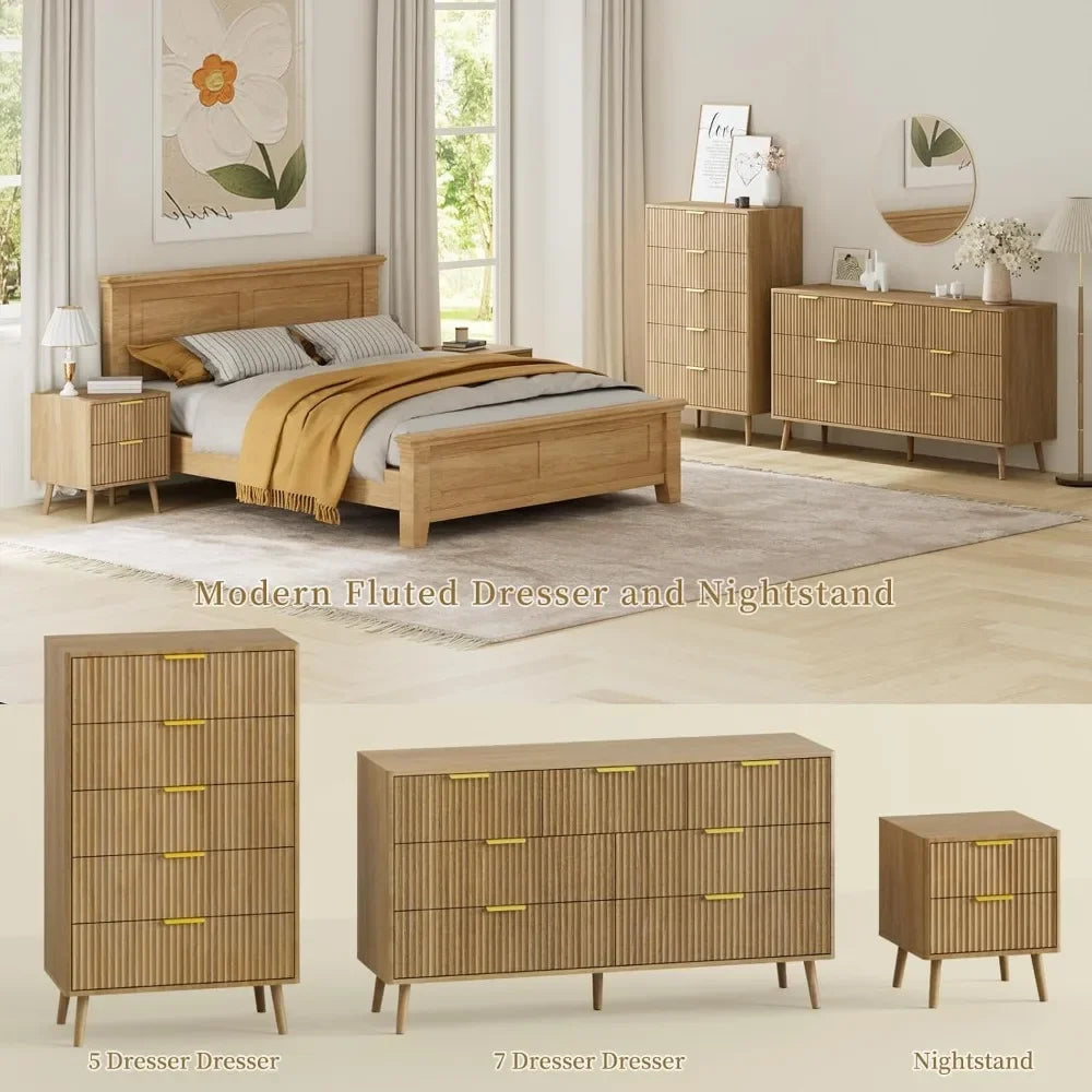 55’’ w fluted dresser for bedroom with 7 drawer modern chest of drawers metal handle & curved design wood tv stand