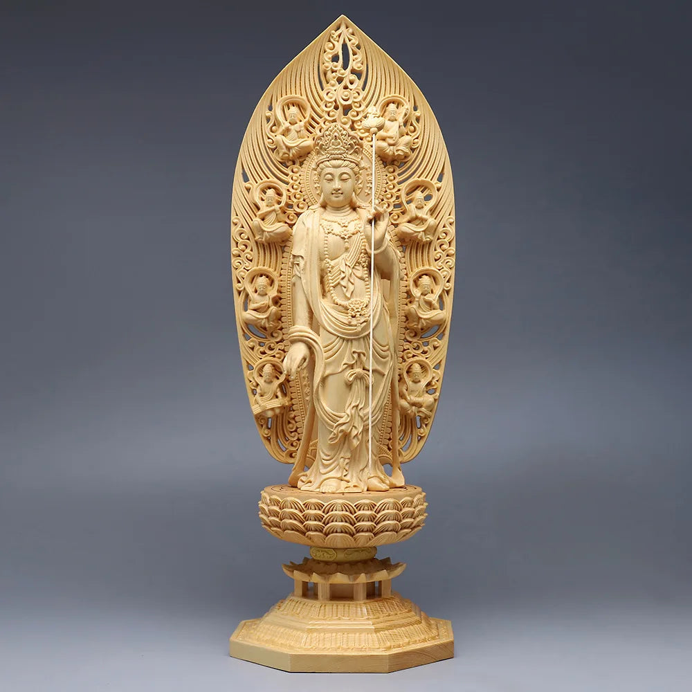 Cypress carved oriental three saints ornament solid wood sun and moonlight bodhisattva pharmacist buddha
