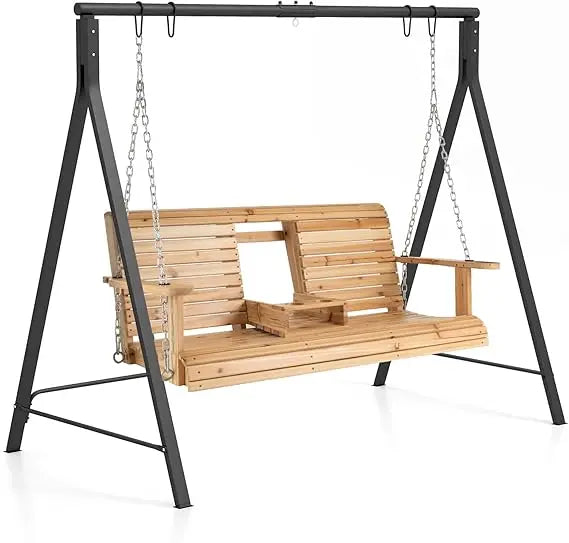 Porch swing with stand wood hanging patio 2 cupholder & heavy-duty a-shaped metal frame 2-person outdoor for - united