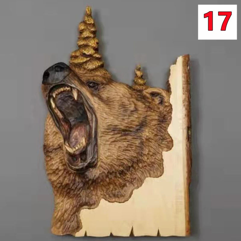 Animal carving handcraft wall hanging sculpture wooden raccoon bear deer fox wolf hand drawn decoration home living