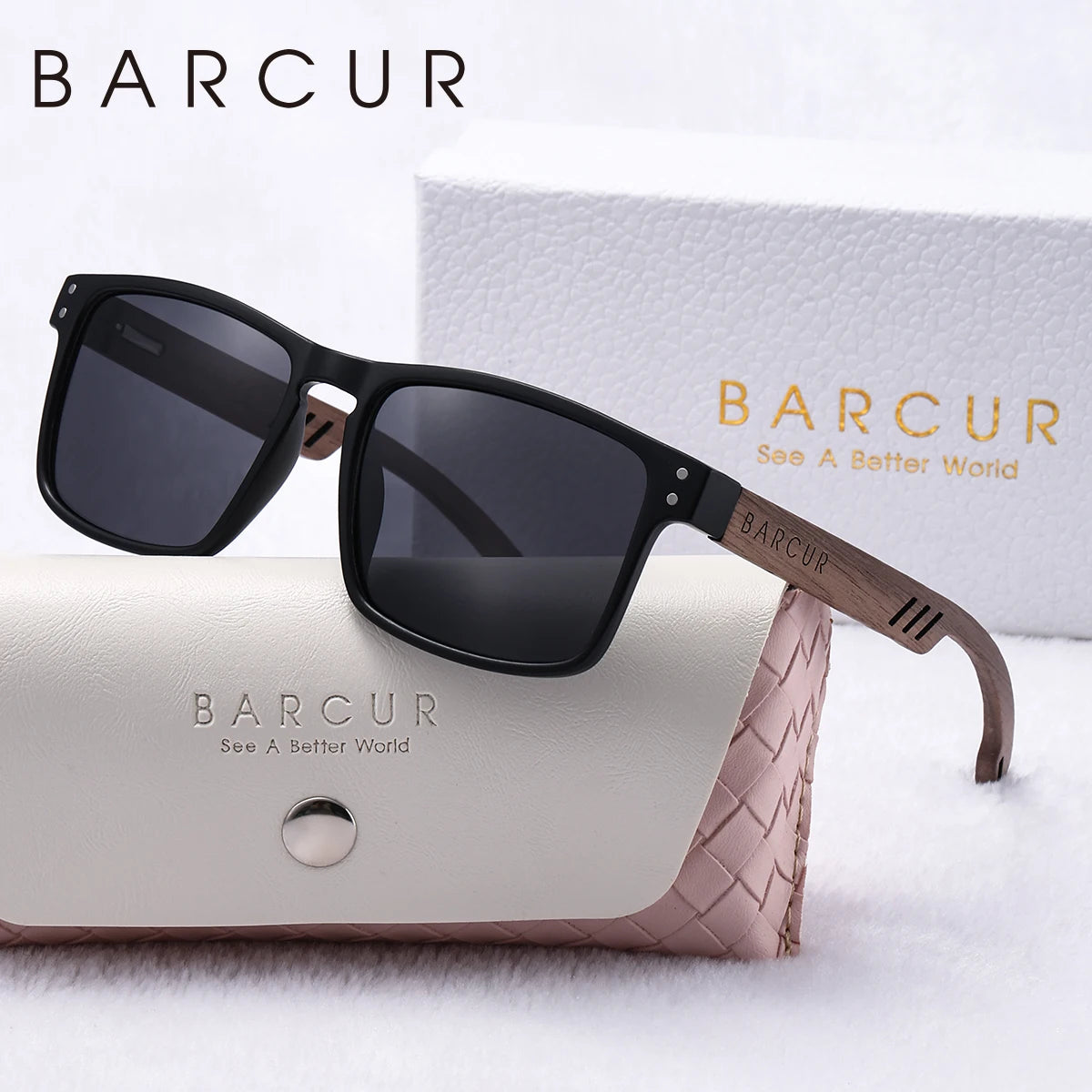 Barcur fashion double round nail polarized sunglasses walnut foot spring hinge pure natural wooden uv women - matteblack