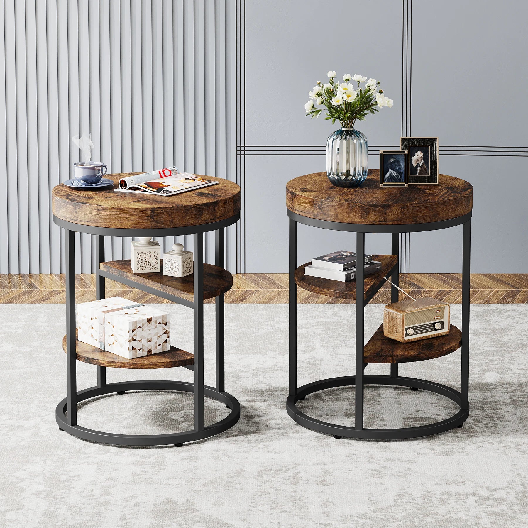 Tribesigns round end table small with 3 storage shelves wood side for spaces industrial sofa - brown / united states