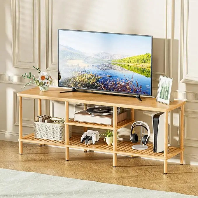Bamboo tv stand for 60-65 inch tvs: 3-tier open storage entertainment center wooden living room table - natural