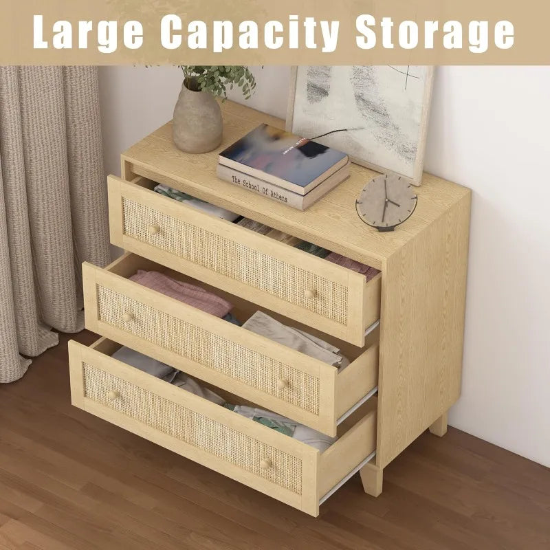 Dresser for bedroom boho small natural rattan closet dressers chest of drawers modern wood clothes storage organizer