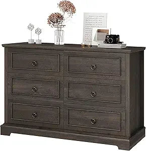 6 drawer dresser for bedroom modern farmhouse chest of drawers 47.2’’ wide wooden double dark wood storag - united