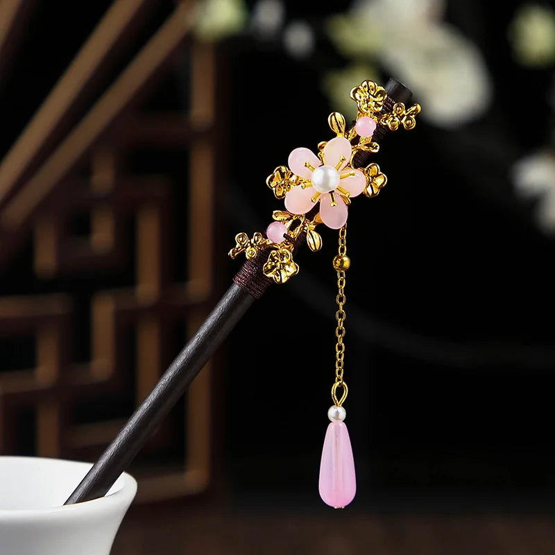 1pc wooden hair stick chinese style winding flower hairpin with tassel elegant lady clip accessories vintage 2024