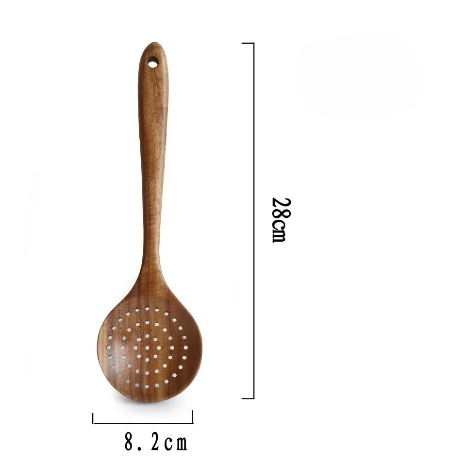 Natural wooden tableware teak wood nanmu spoon extra long leaking soup cooking kitchen utensils - colander e